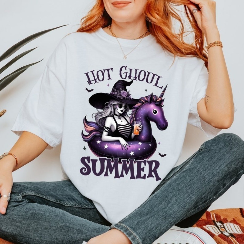 Hot Ghoul Summer T-Shirt Funny Witch Unicorn Float Graphic Tee